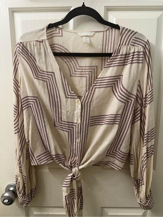 H&M Tops - H&M Cream Blouse with Brown Geometric Stripes and Front Tie
